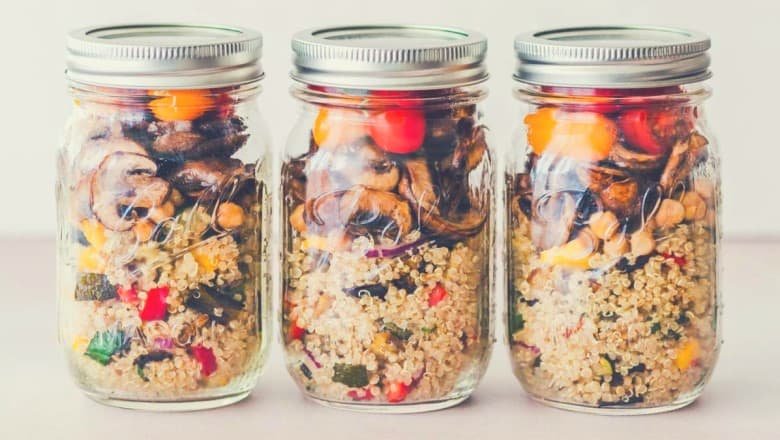 vegetables and couscous in mason jars