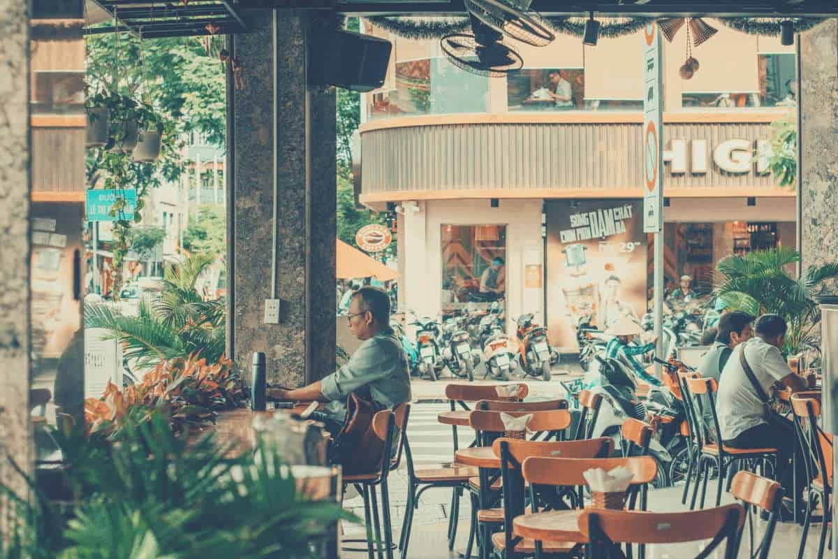 A wide shot of a Vietnamese cafe