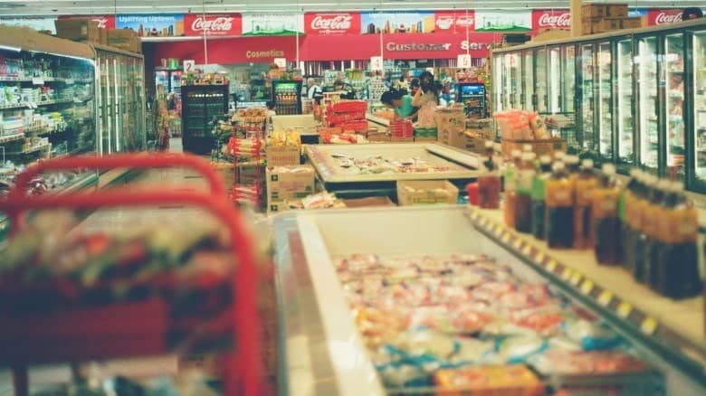 a wide shot of supermarket aisles