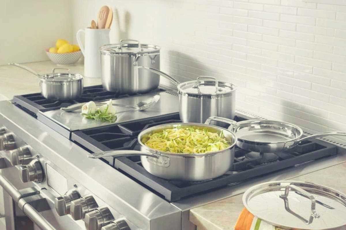Most items of the Cuisinart MultiClad Pro 12 piece set on a kitchen stovetop