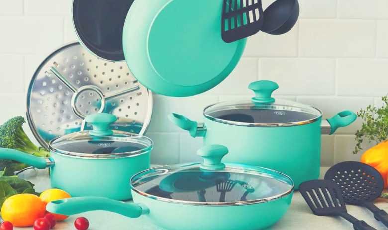 The GreenLife Soft Grip cookware set all together in a kitchen