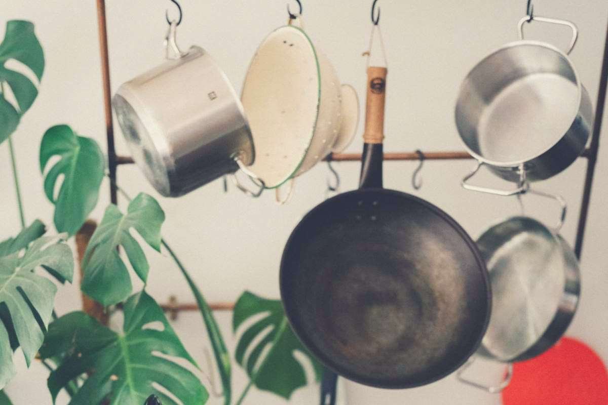 A collection of pots and pans hanging from a cookware rack, with a leafy green plant nearby