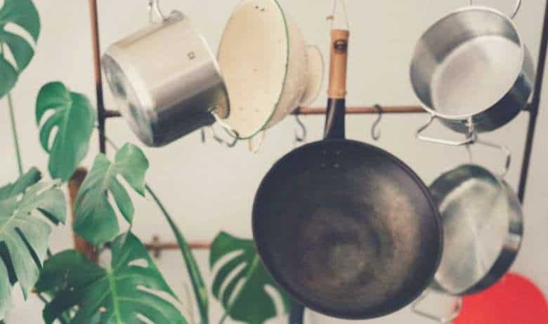 A cookware collection hanging from a rack, with a green leafy plant nearby