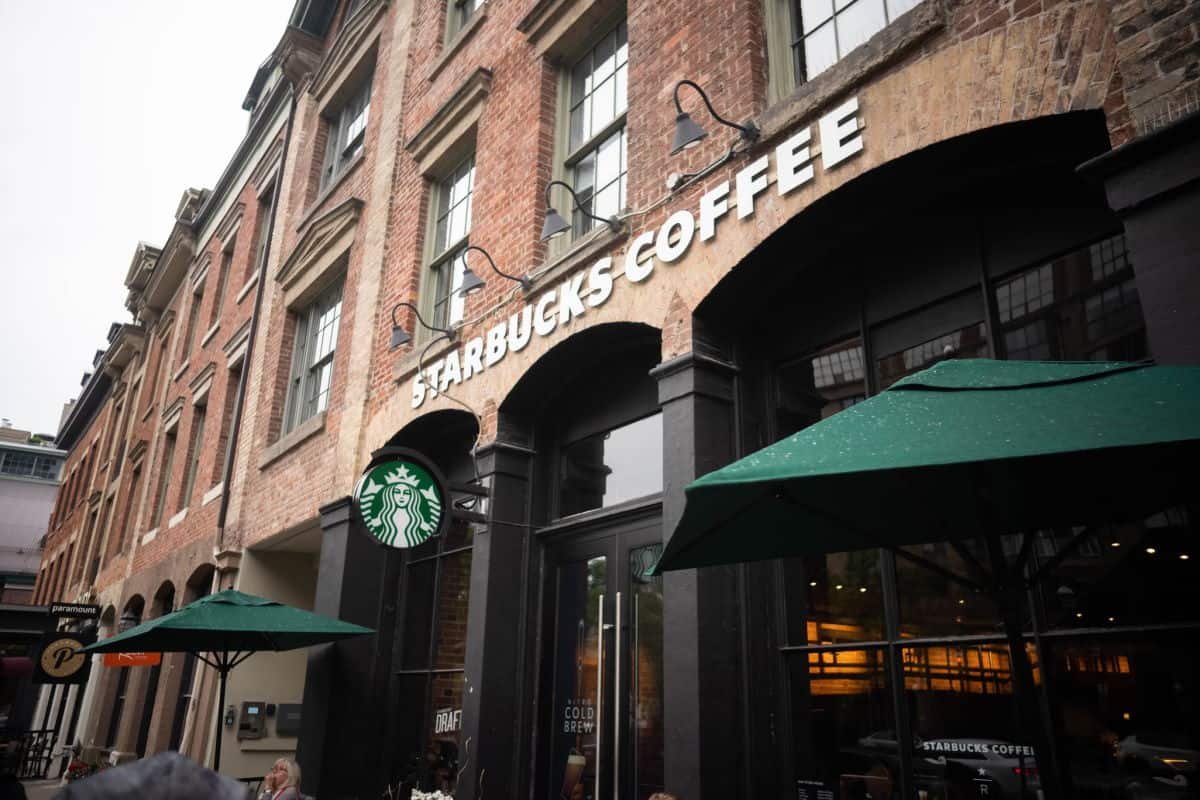 An exterior shot of a Starbucks coffee shop